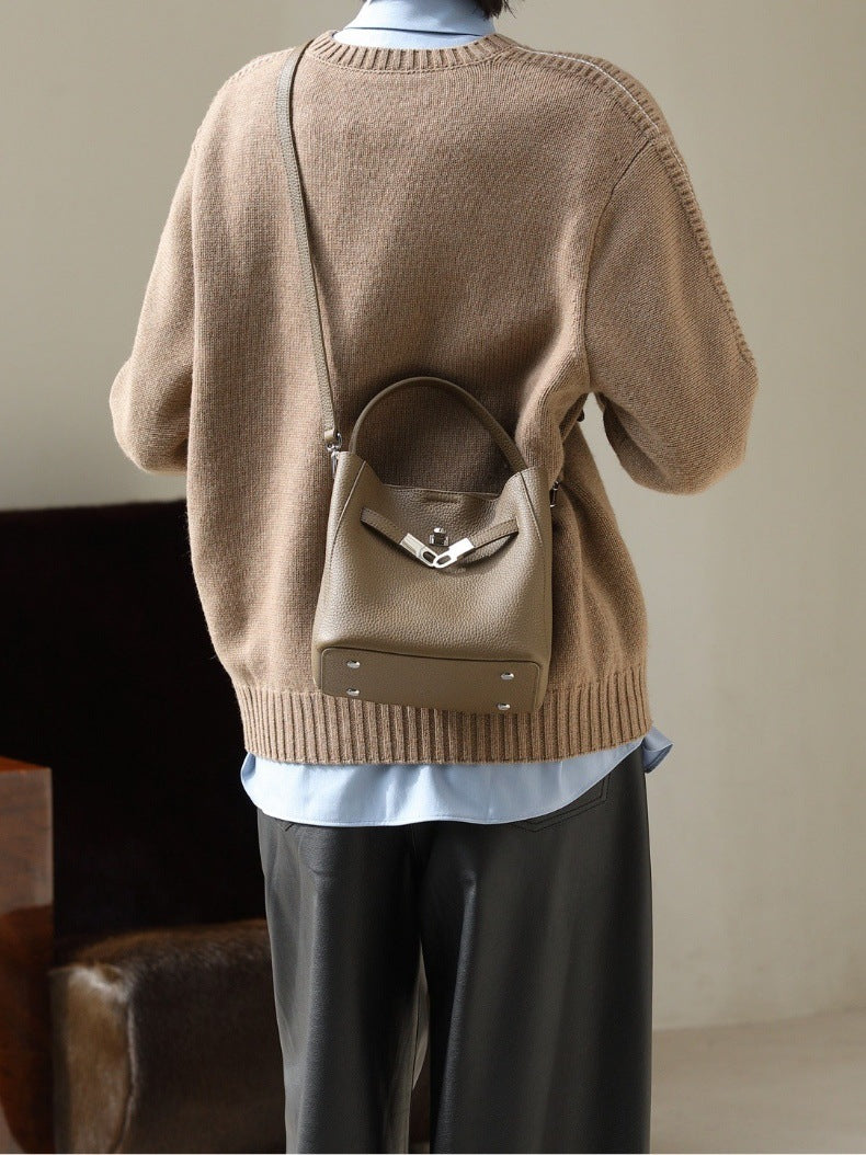 Luxury Pebbled Cowhide Leather Bucket Bag, Designer Crossbody with Twist Lock