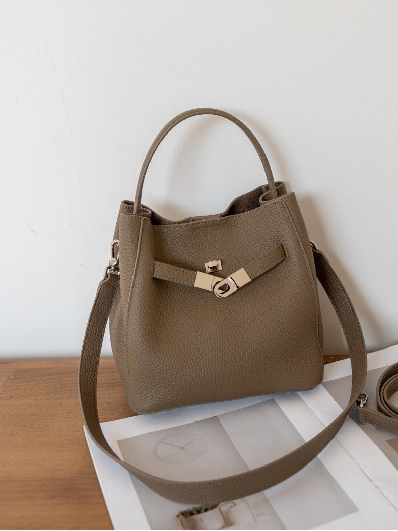 Luxury Pebbled Cowhide Leather Bucket Bag, Designer Crossbody with Twist Lock