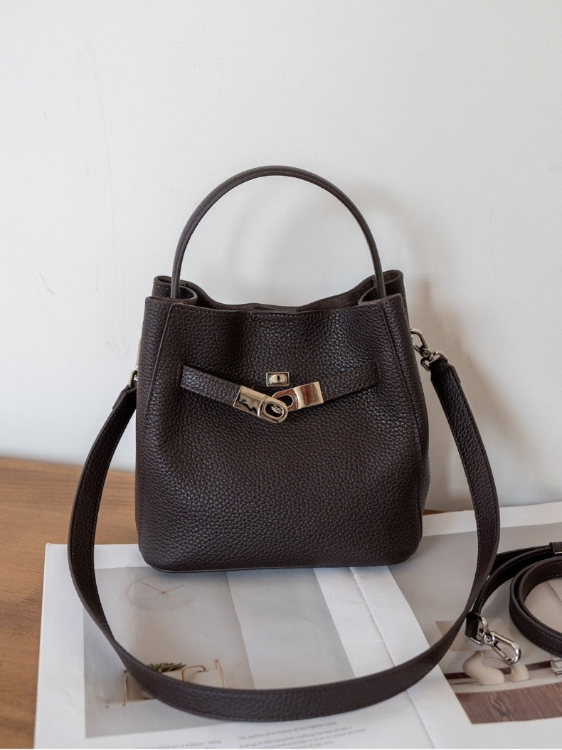 Luxury Pebbled Cowhide Leather Bucket Bag, Designer Crossbody with Twist Lock