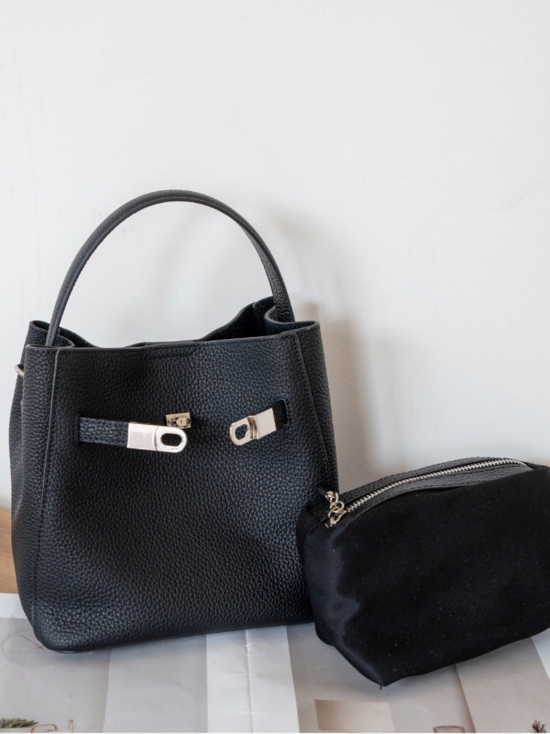 Luxury Pebbled Cowhide Leather Bucket Bag, Designer Crossbody with Twist Lock