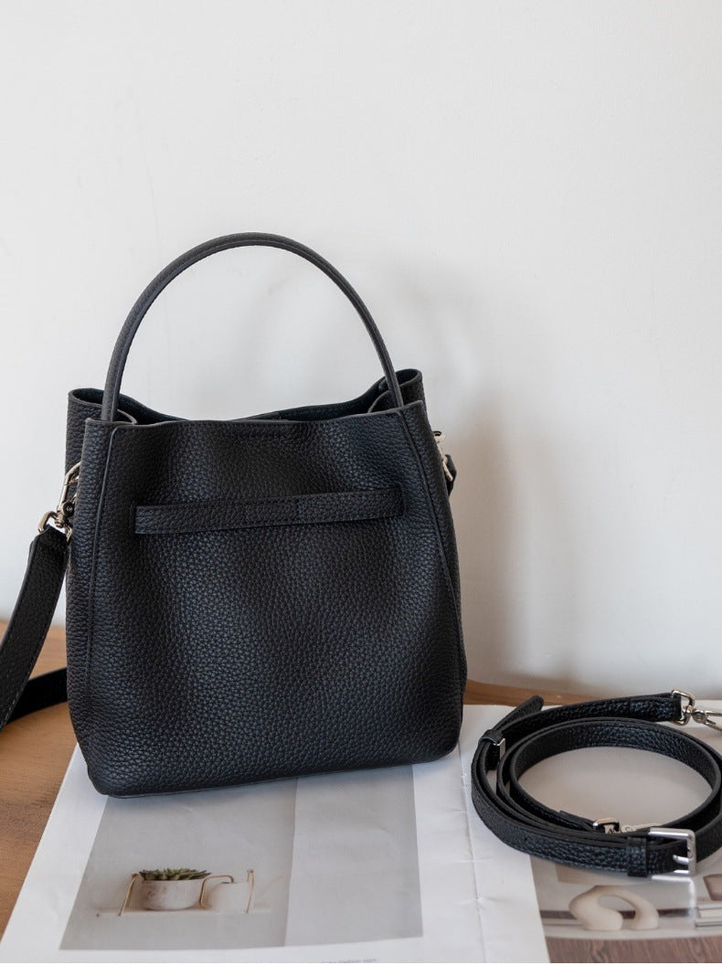 Luxury Pebbled Cowhide Leather Bucket Bag, Designer Crossbody with Twist Lock