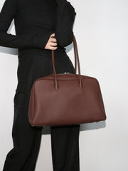 Luxury Togo Genuine Leather Boston Tote Bag for Women, Designer-Inspired Bowling Style, Large Laptop Commuter Bag