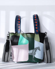 Luxury Togo Leather Bucket Bag for Women, Hand-Painted Colour Block Horse Design, Designer Crossbody Shoulder Bag, Daily Must-Have Handbag