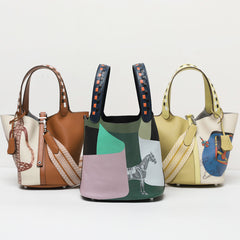 Luxury Togo Leather Bucket Bag for Women, Hand-Painted Colour Block Horse Design, Designer Crossbody Shoulder Bag, Daily Must-Have Handbag