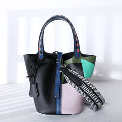 Luxury Togo Leather Bucket Bag for Women, Hand-Painted Colour Block Horse Design, Designer Crossbody Shoulder Bag, Daily Must-Have Handbag