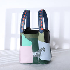 Luxury Togo Leather Bucket Bag for Women, Hand-Painted Colour Block Horse Design, Designer Crossbody Shoulder Bag, Daily Must-Have Handbag