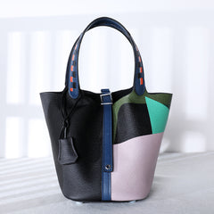 Luxury Togo Leather Bucket Bag for Women, Hand-Painted Colour Block Horse Design, Designer Crossbody Shoulder Bag, Daily Must-Have Handbag