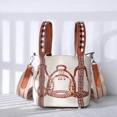 Luxury Togo Leather Bucket Bag for Women, Hand-Painted Colour Block Horse Design, Designer Crossbody Shoulder Bag, Daily Must-Have Handbag