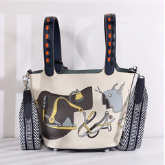 Luxury Togo Leather Bucket Bag for Women, Hand-Painted Colour Block Horse Design, Designer Crossbody Shoulder Bag, Daily Must-Have Handbag