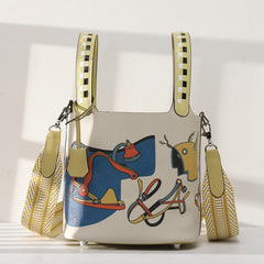 Luxury Togo Leather Bucket Bag for Women, Hand-Painted Colour Block Horse Design, Designer Crossbody Shoulder Bag, Daily Must-Have Handbag