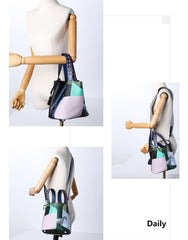 Luxury Togo Leather Bucket Bag for Women, Hand-Painted Colour Block Horse Design, Designer Crossbody Shoulder Bag, Daily Must-Have Handbag