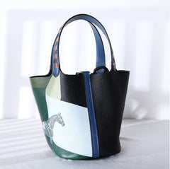 Luxury Togo Leather Bucket Bag for Women, Hand-Painted Colour Block Horse Design, Designer Crossbody Shoulder Bag, Daily Must-Have Handbag