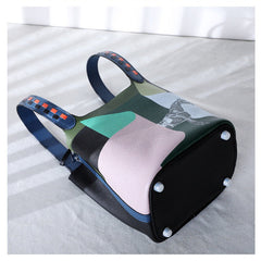 Luxury Togo Leather Bucket Bag for Women, Hand-Painted Colour Block Horse Design, Designer Crossbody Shoulder Bag, Daily Must-Have Handbag