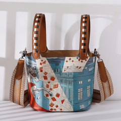 Luxury Togo Leather Bucket Bag for Women, Hand-Painted Colour Block Horse Design, Designer Crossbody Shoulder Bag, Daily Must-Have Handbag