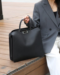 Luxury Togo Leather Structured Brief Tote, Unisex Shoulder Bag & Handbag, Laptop Bag