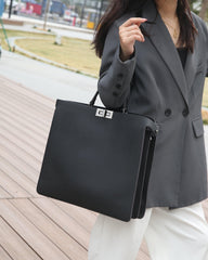 Luxury Togo Leather Structured Brief Tote, Unisex Shoulder Bag & Handbag, Laptop Bag