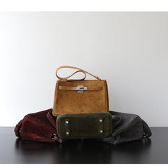 Luxury Vintage Brown Suede Bag, Handmade Lambskin Suede Shoulder & Crossbody Small Square Bag