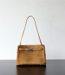 Luxury Vintage Brown Suede Bag, Handmade Lambskin Suede Shoulder & Crossbody Small Square Bag