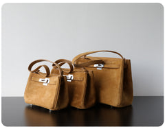 Luxury Vintage Brown Suede Bag, Handmade Lambskin Suede Shoulder & Crossbody Small Square Bag