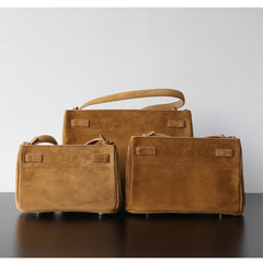 Luxury Vintage Brown Suede Bag, Handmade Lambskin Suede Shoulder & Crossbody Small Square Bag
