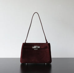 Luxury Vintage Brown Suede Bag, Handmade Lambskin Suede Shoulder & Crossbody Small Square Bag