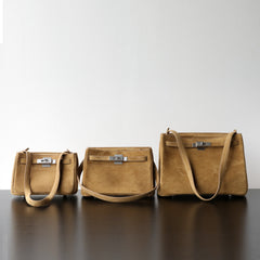 Luxury Vintage Brown Suede Bag, Handmade Lambskin Suede Shoulder & Crossbody Small Square Bag