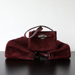 Luxury Vintage Brown Suede Bag, Handmade Lambskin Suede Shoulder & Crossbody Small Square Bag