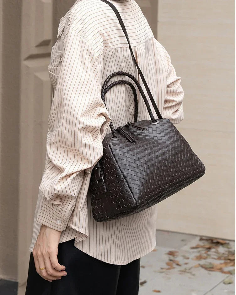 Luxury Women's Lambskin Woven Boston Crossbody Bag | Handcrafted Versatile Shoulder Bag