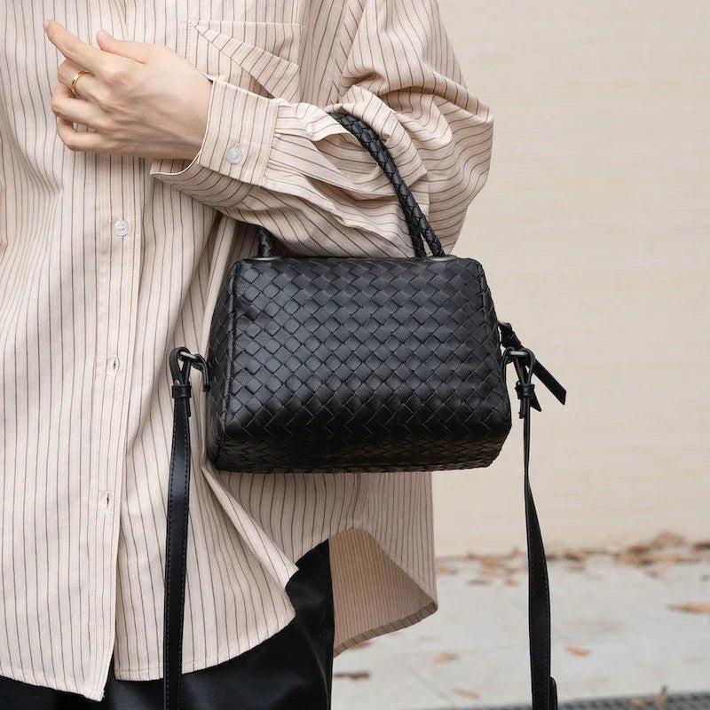 Luxury Women's Lambskin Woven Boston Crossbody Bag | Handcrafted Versatile Shoulder Bag