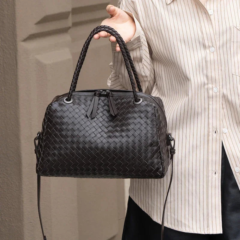 Luxury Women's Lambskin Woven Boston Crossbody Bag | Handcrafted Versatile Shoulder Bag