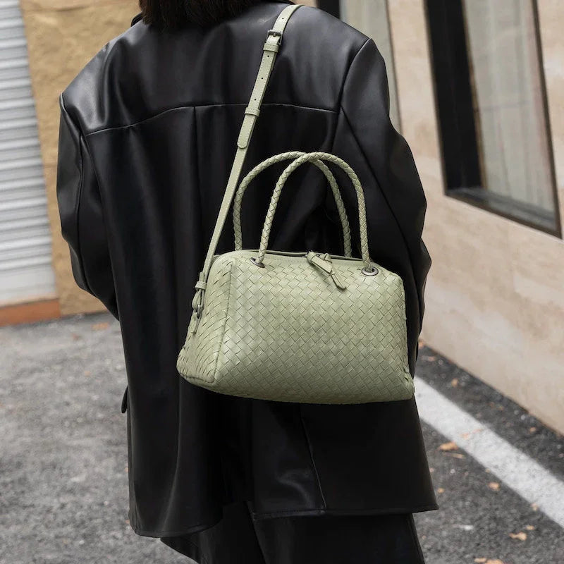 Luxury Women's Lambskin Woven Boston Crossbody Bag | Handcrafted Versatile Shoulder Bag