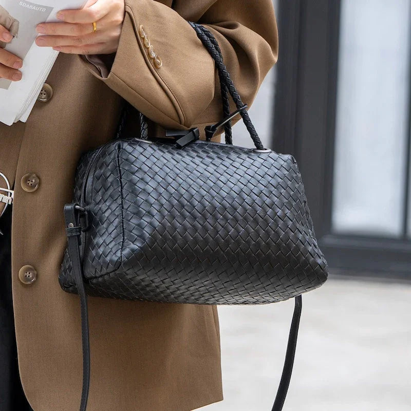 Luxury Women's Lambskin Woven Boston Crossbody Bag | Handcrafted Versatile Shoulder Bag - Image 3