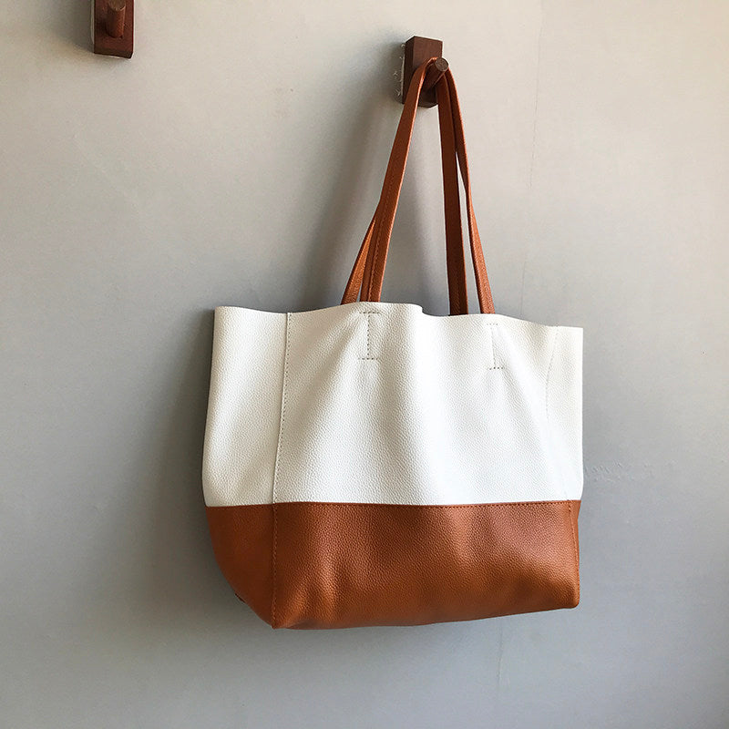 Custom Handcrafted Soft Grain Cowhide Leather Tote | Large Two-Tone Shoulder Bag for Laptop & Travel