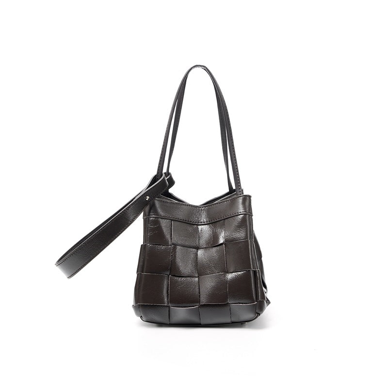 Women's Soft Luxurious Calfskin Leather Handwoven Bucket Shoulder Bag, Crossbody Bag