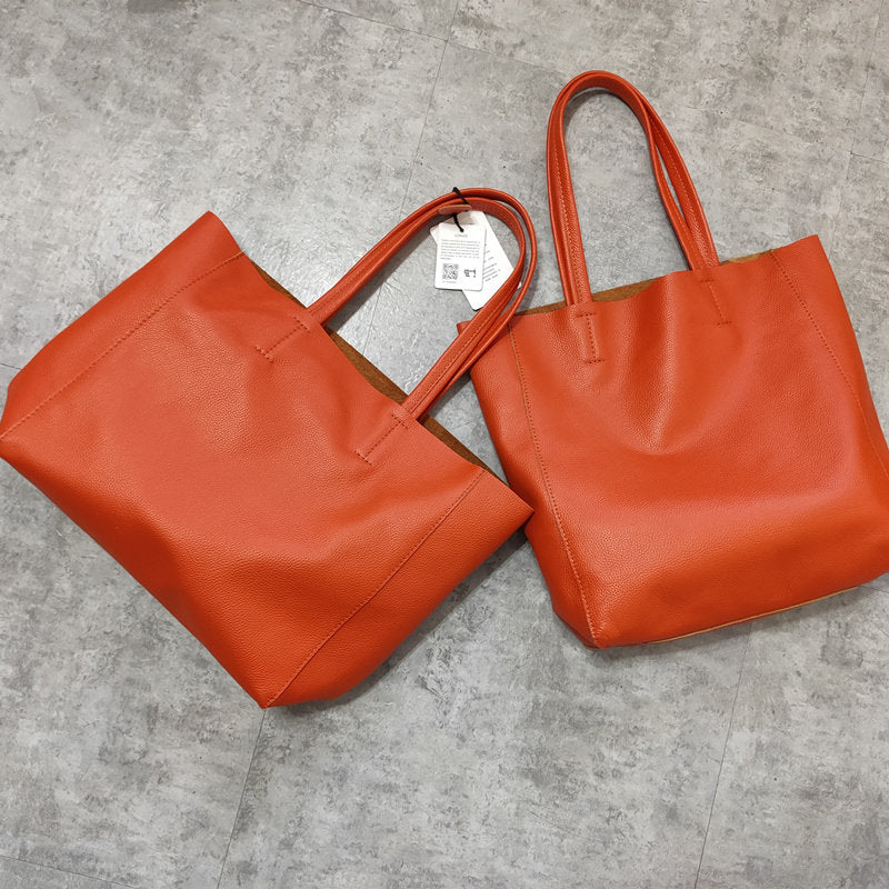 Large Soft Cowhide Leather Tote | Minimalist Oversized Shopper with Removable Inner Pouch