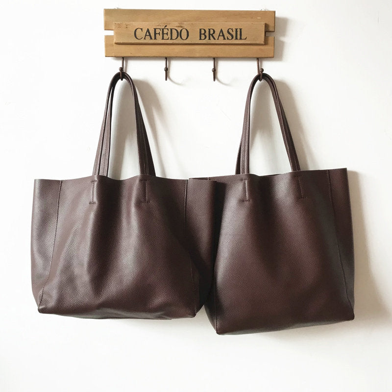 Large Soft Cowhide Leather Tote | Minimalist Oversized Shopper with Removable Inner Pouch