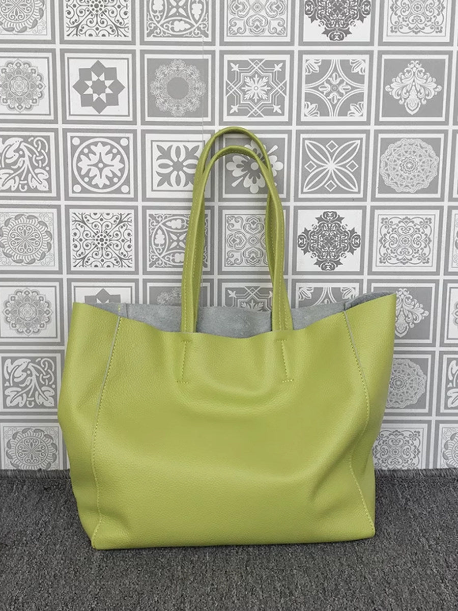 Large Soft Cowhide Leather Tote | Minimalist Oversized Shopper with Removable Inner Pouch