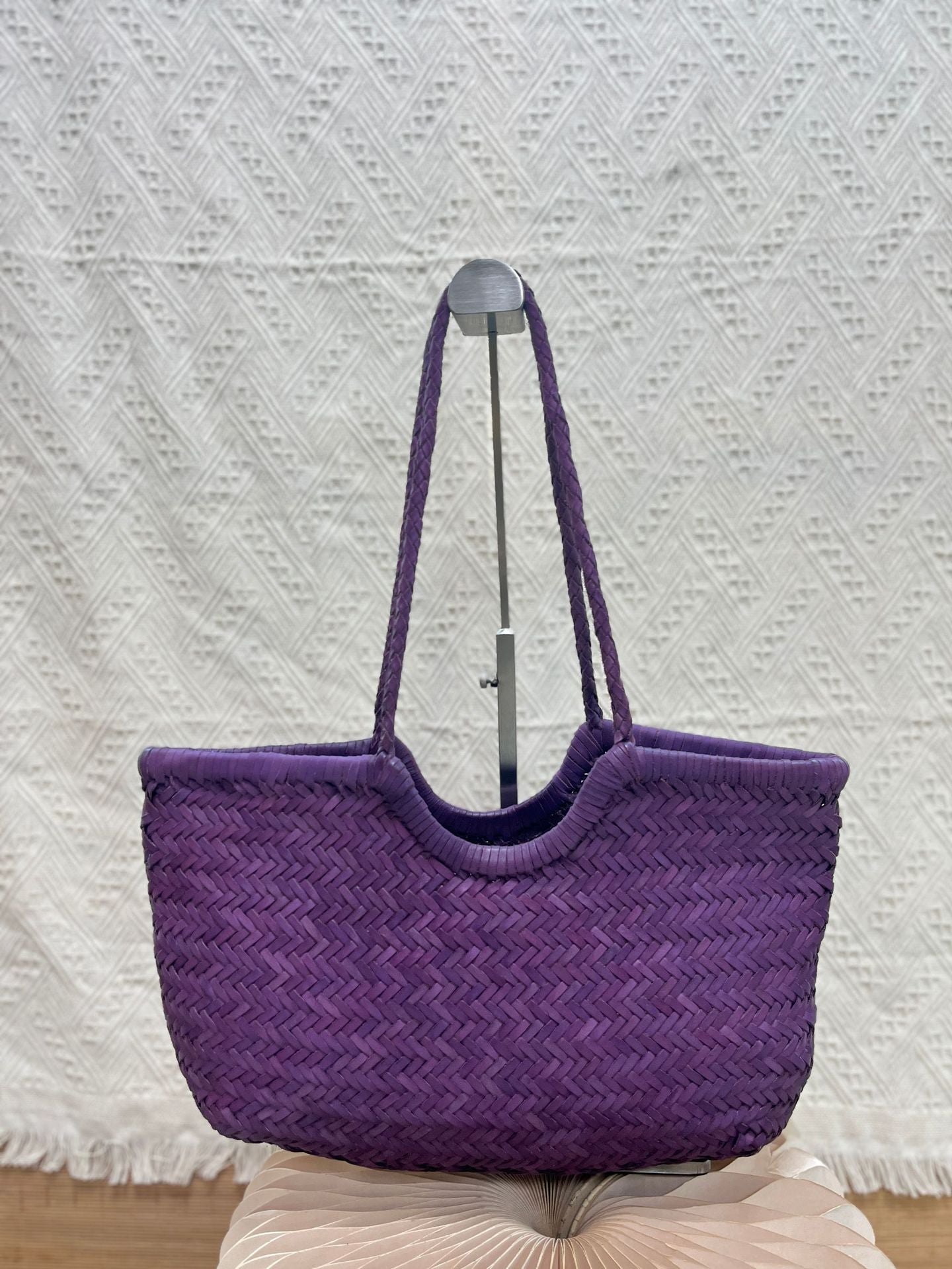 Handmade Woven Leather Tote Bag, Full Grain Leather Hand Woven Triple Jump Bamboo Ladies HoBo Bag, Curve Opening Summer Holiday Basket Bag