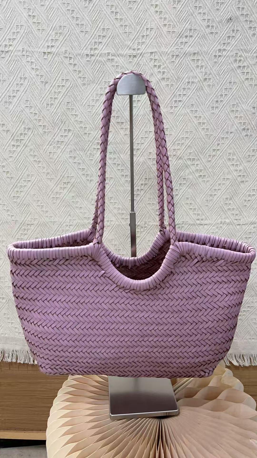 Handmade Woven Leather Tote Bag, Full Grain Leather Hand Woven Triple Jump Bamboo Ladies HoBo Bag, Curve Opening Summer Holiday Basket Bag