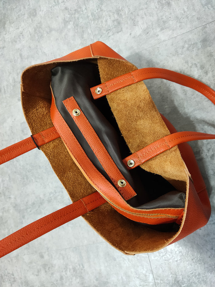 Large Soft Cowhide Leather Tote | Minimalist Oversized Shopper with Removable Inner Pouch