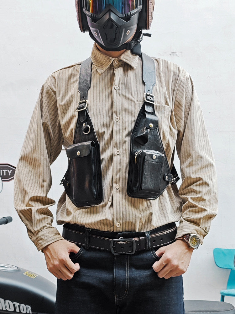 Genuine Crazy Horse Leather Chest Rig Harness Bag for Men — Handcrafted Dual Shoulder Holster Vest with Multi-Pocket | Retro Motorcycle & Daily Carry