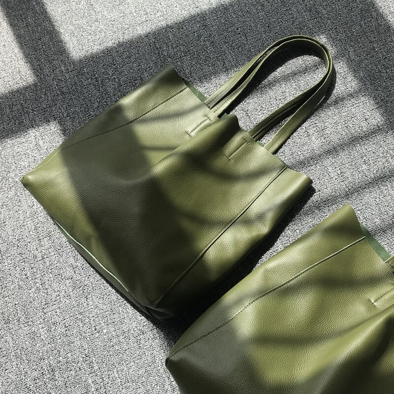 Large Soft Cowhide Leather Tote | Minimalist Oversized Shopper with Removable Inner Pouch