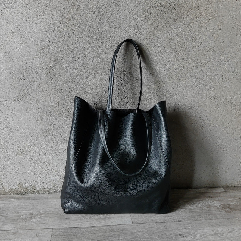 Large Soft Cowhide Leather Tote | Minimalist Oversized Shopper with Removable Inner Pouch