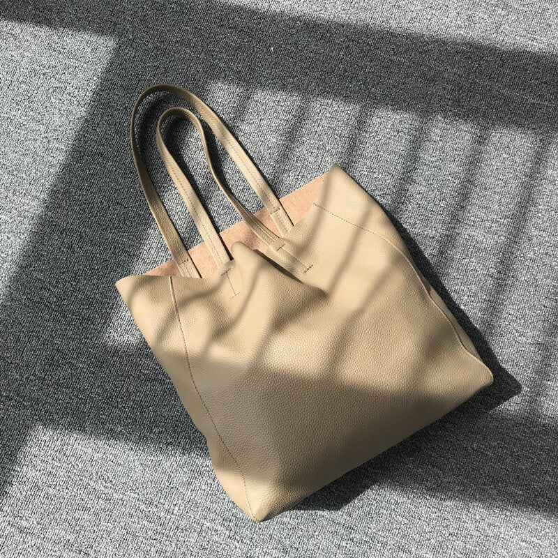 Large Soft Cowhide Leather Tote | Minimalist Oversized Shopper with Removable Inner Pouch