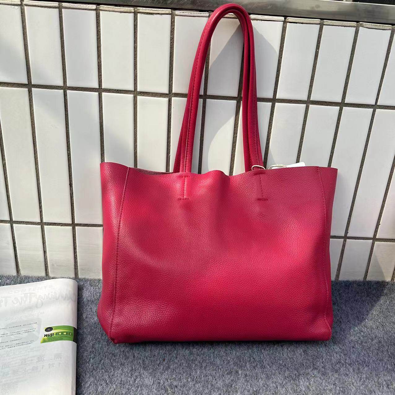 Large Soft Cowhide Leather Tote | Minimalist Oversized Shopper with Removable Inner Pouch