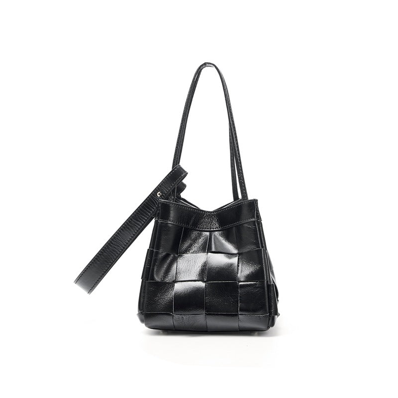 Women's Soft Luxurious Calfskin Leather Handwoven Bucket Shoulder Bag, Crossbody Bag