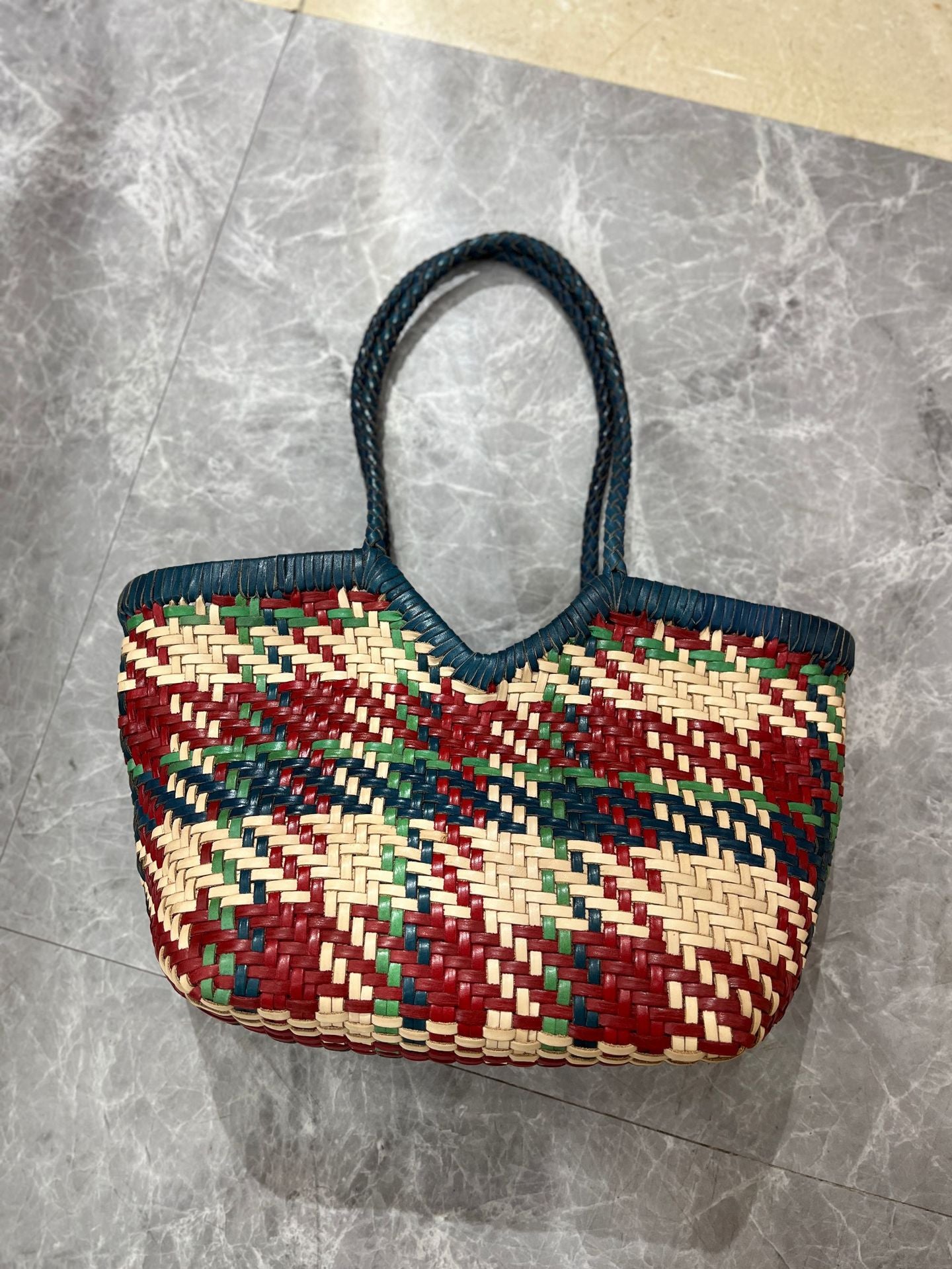 Handwoven Full Grain Leather Tote Bag for Women | Multicolor Bohemian Braided Basket Shoulder Bag | Spring Summer Market Bag