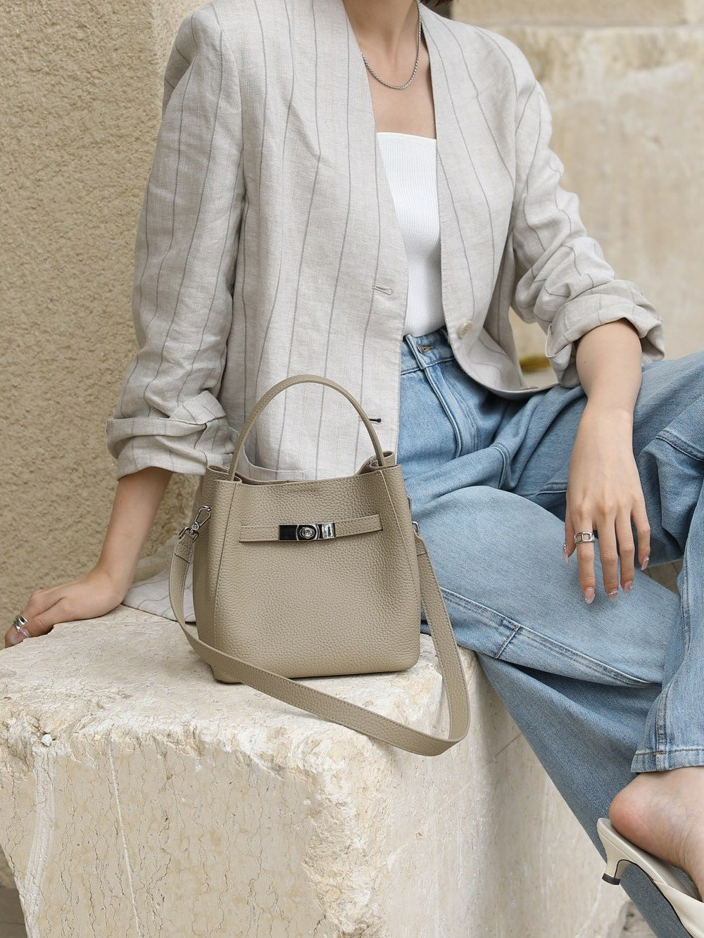 Luxury Pebbled Cowhide Leather Bucket Bag, Designer Crossbody with Twist Lock