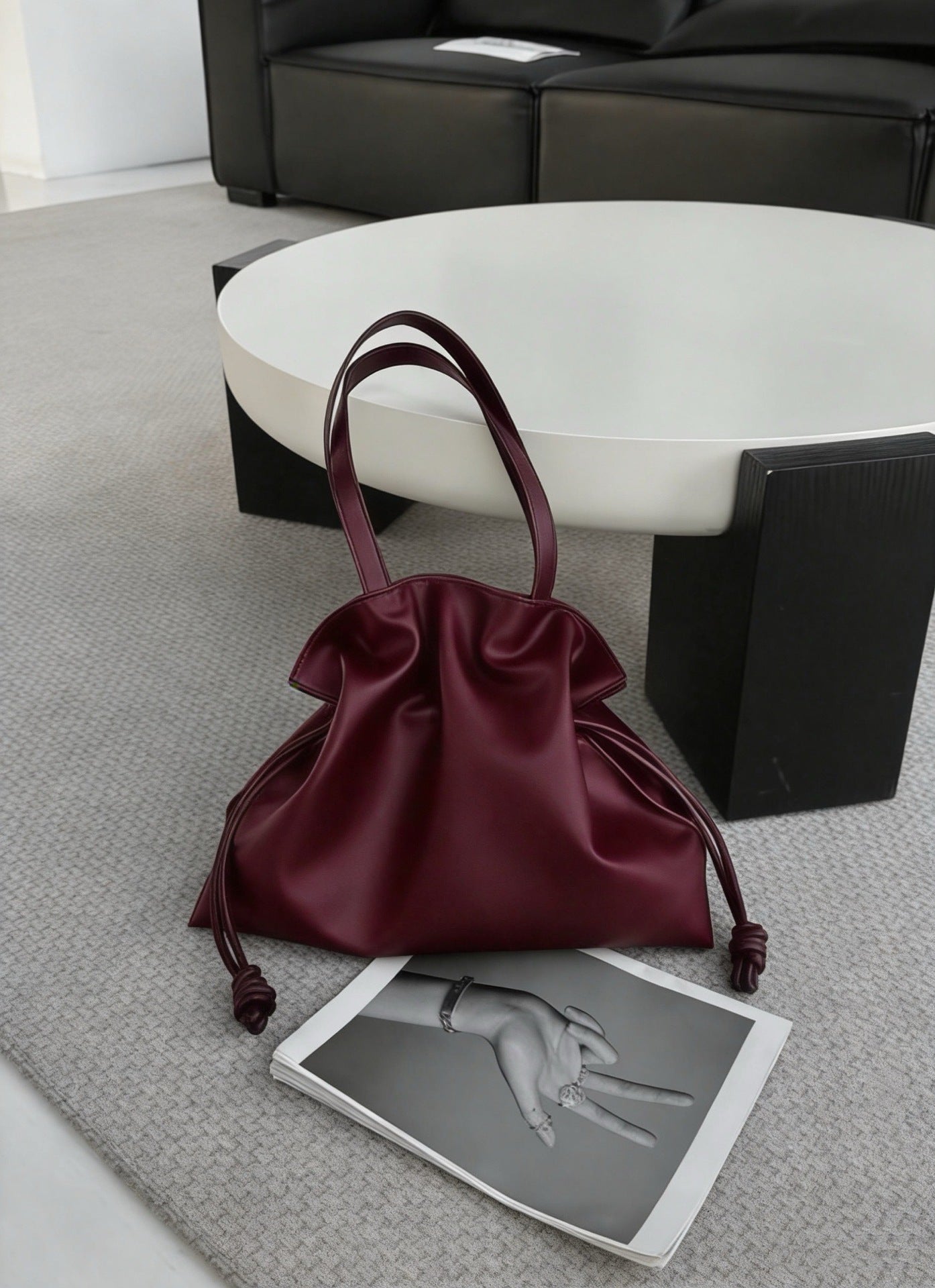 Elegant Cowhide Leather Tote Bag for Women with Drawstring Closure