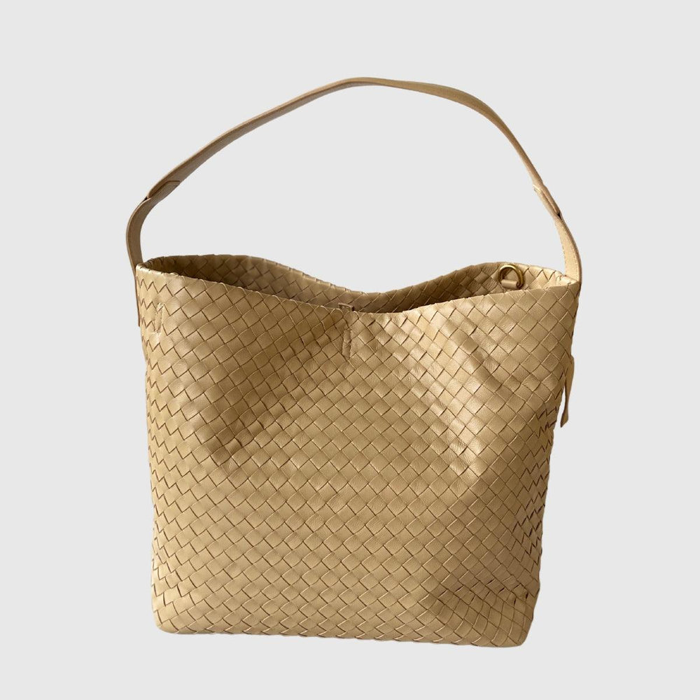Beige woven lambskin leather tote bag with a single shoulder strap on a plain background.
